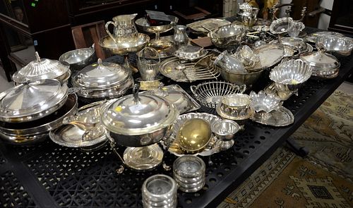 Large group of silverplate to include serving pieces, tureens, flatware, compotes, etc.