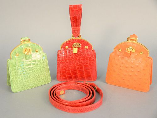 Three Giorgio's of Palm Beach clutch purses, red, green and orange Ostrich alligator, hts. 5.25", wds. 4.75", dps. 2".