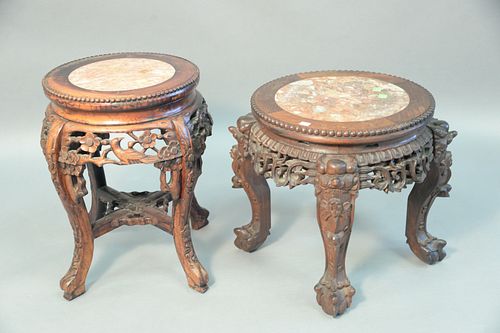 Two teak chinese stands each with inset marble tops, ht. 15.5, Dia. 15.