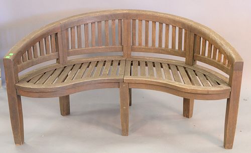 Teak bench with curved back, (seat repaired), ht. 33".