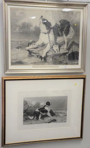 Two large framed dog engravings to include 'The Inundation' by Holbrooke, 23" x 30" along with 'Off to the Rescue' engraved by Alfred Lucas, sight siz