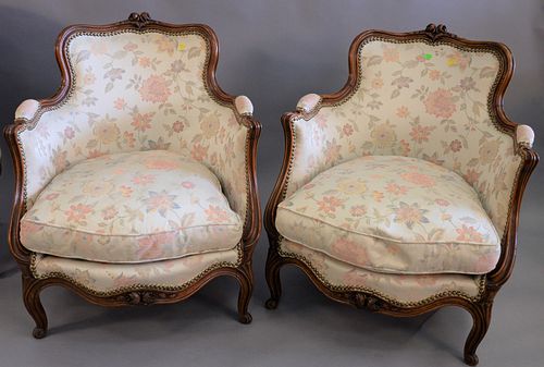 Pair of Louis XV style small bergeres with custom upholstery, ht. 30", wd. 26".