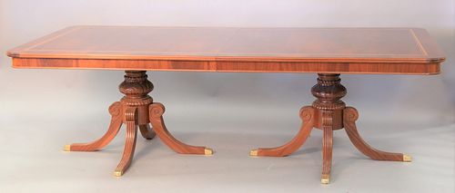Mahogany double pedestal dining table with banded inlaid top having three large leaves,runners are not attached to table, need to be reinstalled, ht. 