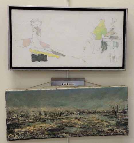 Three piece lot to include Backman (20th C.) abstract of harbor scene with houses and boat, signed lower right 'Backman', Monede Gallery label on vers