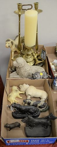 Two tray lots of dog items to include there cellulode, one Schoenhut, pair bookends, two single bookends, brass candlesticks, pricket along with a doo