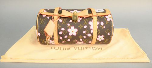 Louis Vuitton handbag, monogrammed with pink flowers and original dust bag, dia. 5.5", lg. 11".