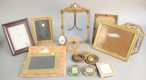 Group of frames and mirror, two sets with jeweled glass.