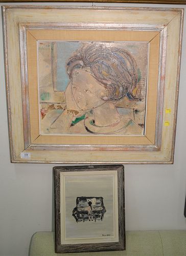 Two framed pieces, Lazzaro Donati (b. 1961), mixed media on wood of bust, 14" x 16"; and Verna Hull (1916-2002), oil on board, girl playing piano, 10"