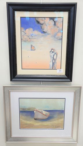 Two framed pieces, the first After Edward Hopper, watercolor on paper, boat on shore, sight size 9" x 12"; the second after Salvador Dali, watercolor 