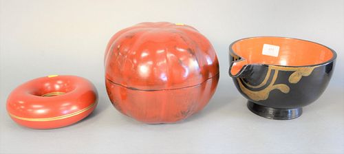 Three Oriental lacquered items, Japanese pouring vessel, ht. 7 1/2", gourde for covered box and a disc form box. Estate of Marilyn Ware, Strasburg, PA
