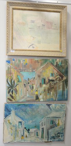 Three Alfred Birdsey (1912 - 1996) to include two unframed oil on canvas of coastal street scenes and one watercolor in contemporary frame of harbor s