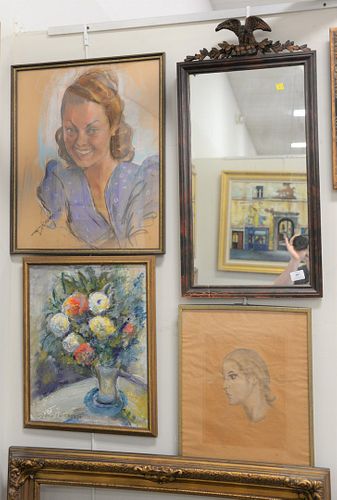 Five piece group to include portrait of a girl signed illegibly; oil on canvas still life of flowers in a vase, signed lower left; lithograph portrait
