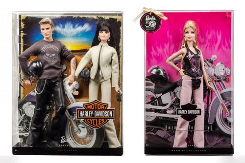 Two Pink Label Harley-Davidson Motorcycle Barbies and an Accessory