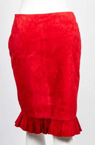 Betsy Johnson Red Suede Ruffled Pencil Skirt