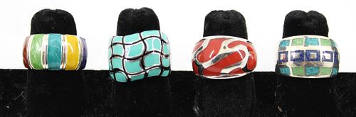 Four Silver and Enamel Wide Rings, 4