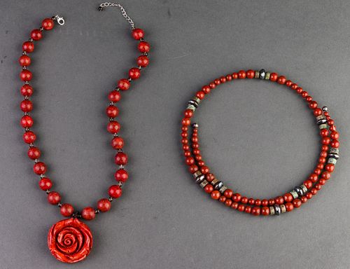 Silver, Red Coral, Smoky Quartz & Jasper Necklaces