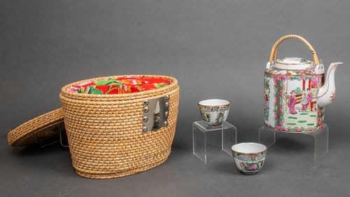 Chinese Traveling Tea Basket W Porcelain Service