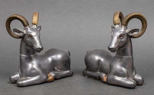 Mid-Century Modern Metal Bookends of Rams, Pair