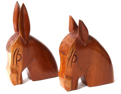 Mid-Century Wood Donkey Head Figural Bookends, 2