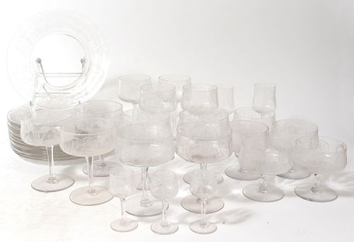 Mid-Century Modern Floral Etched Glassware, 33 Pcs