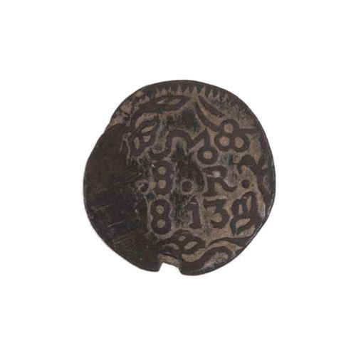 Moneda. Morelos SUD. Elaborada en cobre. 1813. Valor facial: 8 reales. La más rara, en 1813 se acaba la producción.