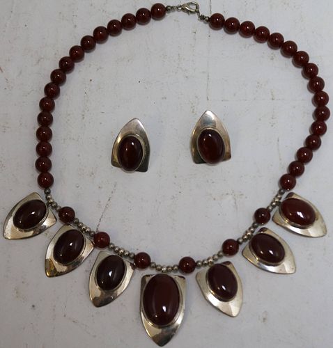 THREE-PIECE STERLING AND CARNELIAN SET,