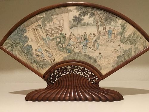 Chinese Painted Fan on Rosewood Stand