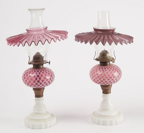 Two Satin Glass Oil Lamps with Milk Glass Bases