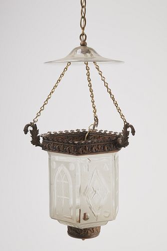Early Etched and Blown Glass Lighting Fixture