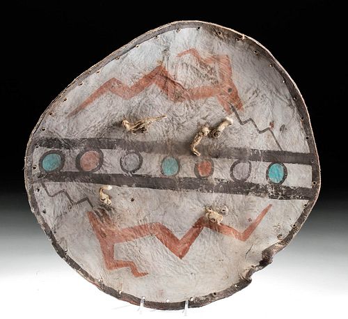 19th C. Pueblo Tewa Painted Hide Shield w/ Avanyus
