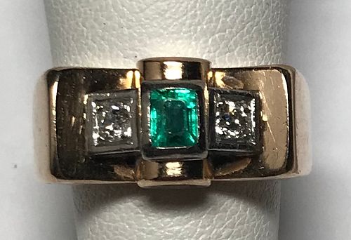 18K Art Deco Emerald  & Diamond Ring
