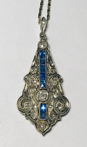 Edwardian Gold Diamond & Blue Sapphire Pendant