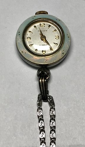 Fischer 17 Jewels Opalescent Guilloche Enamel & Silver Watch Pendant