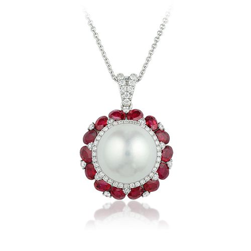 South Sea Cultured Pearl Ruby and Diamond Necklace