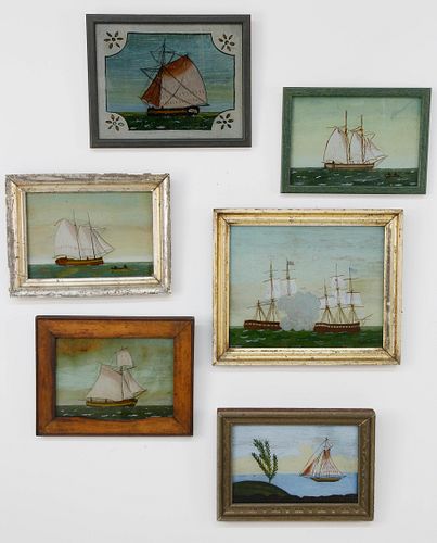 Set of Six Reverse Paintings on Glass of Ships, 19th and 20th c.