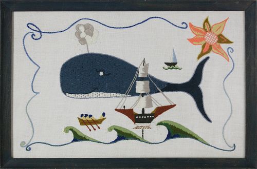 Vintage Nantucket Crewel Work Embroidered Folk Art Whaling Scene
