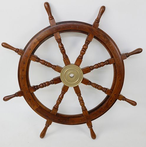 Contemporary Mahogany and Brass Ship's Wheel