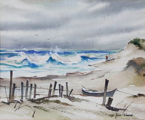 John Hare Watercolor on Paper, "Lone Surfcaster"