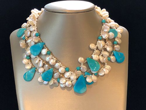 Esther Kamin White Coin Pearl and Polished Turquoise 3-Strand Necklace