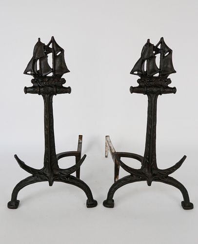 Pair of Vintage Cast Iron Ship and Anchor Andirons