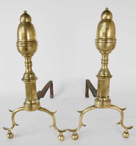 Pair of Early 19th c. Brass New York Bullet Top Andirons