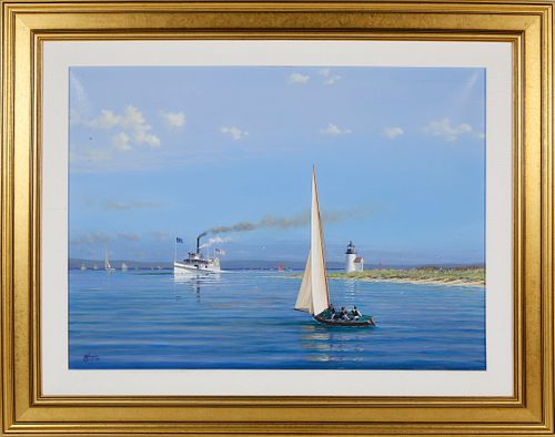 Tim Thompson Oil on Canvas "Summer in the  Sound - Steamer Nantucket Passing Brant Point Lighthouse"