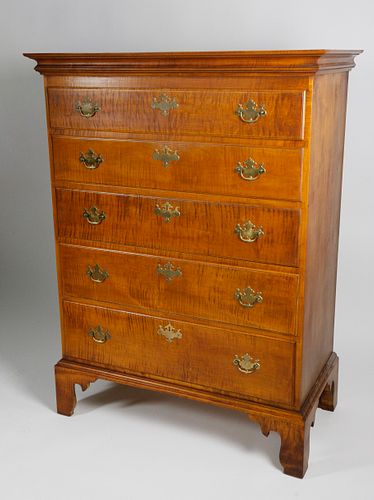 Eldred Wheeler Five Drawer Tiger Maple Tall Chest of Drawers