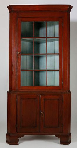 19th c. American Red Stained 2-Part Corner Cupboard