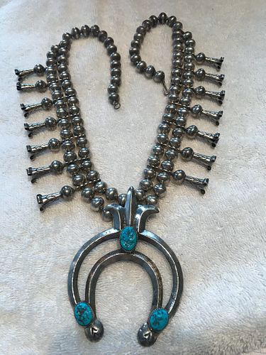 HBC Squash blossom necklace silver turquoise Navaho 14 flowers 27 inch