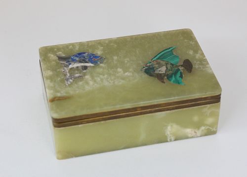 Vintage Alabaster Box with Inlaid Fish Decoration