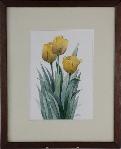 Roy Bailey Nantucket Miniature Watercolor, "Yellow Tulips"