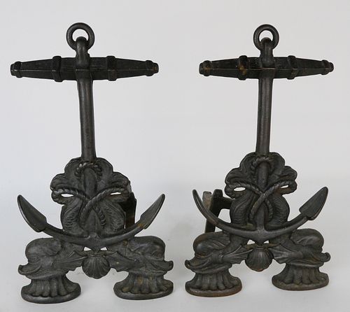 Pair of Vintage Cast Iron Anchor and Sea Porpoise Andirons