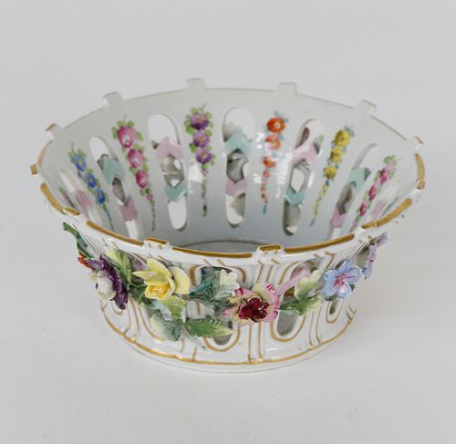 French Porcelain Reticulated Basket with Applied Flowers, 19th c.
