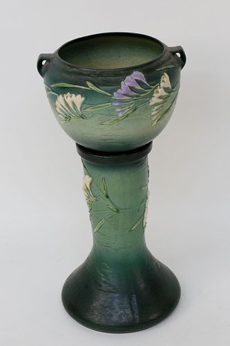 Roseville Pottery Freesia Green Jardiniere and Pedestal Stand
